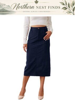 Midi Corduroy Pencil Skirt High Elastic Waist Back Slit Pockets